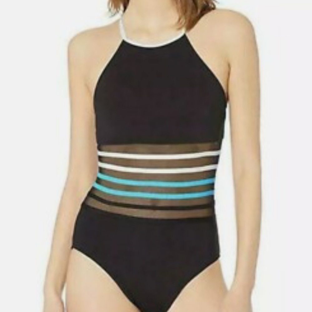 NWT NAUTICA woman’s Slimming Black and Blue Striped One Piece Swimsuit High Neck